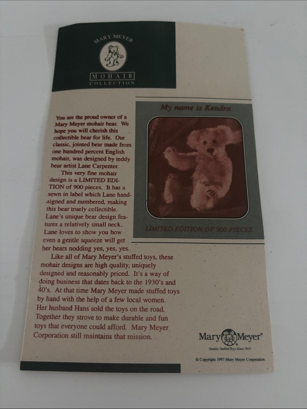 Mary Meyer Mohair “Kendra” jointed Bear - Picture 5 of 9